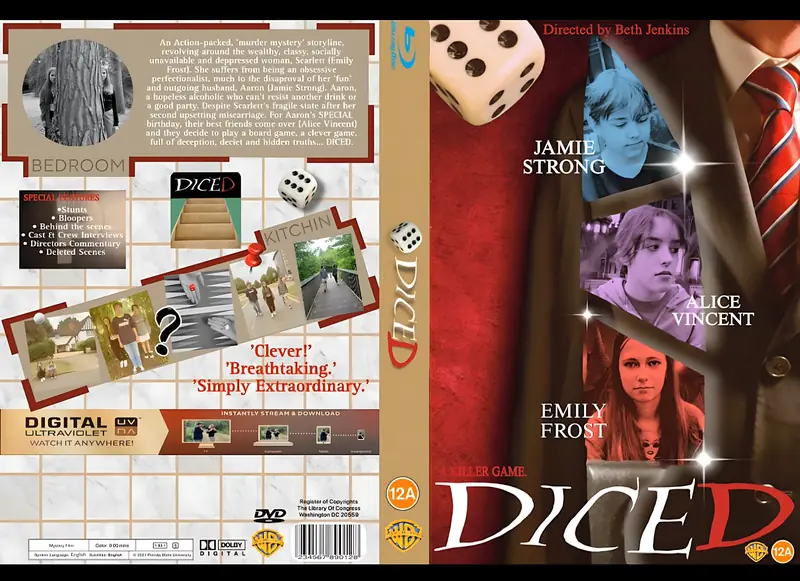 DICED DVD cover, front, spine and back: character portraits, dice, a red tie, quotes and a 12A rating.