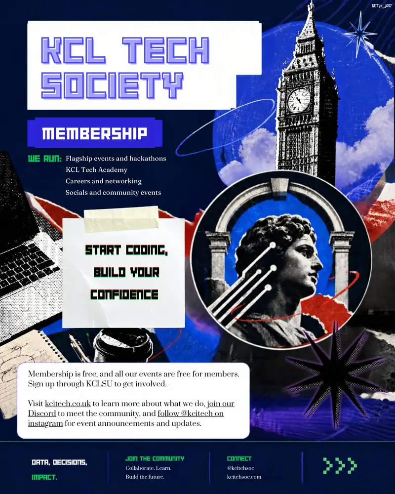 KCL Tech Society membership poster in electric blue.
