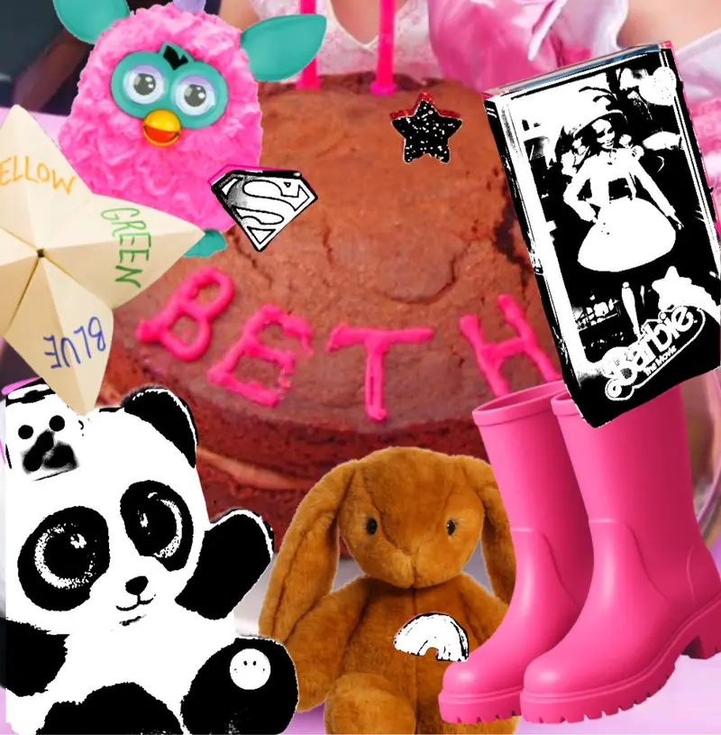 Digital collage: a birthday cake reading BETH among a panda, a rabbit, pink wellies, a Furby and a fortune teller.