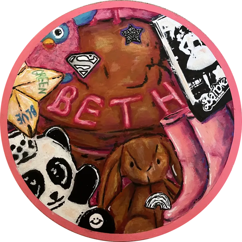 Circular painting of a birthday cake with BETH piped across it, surrounded by toys: a panda, a rabbit, pink wellies and a paper fortune teller.
