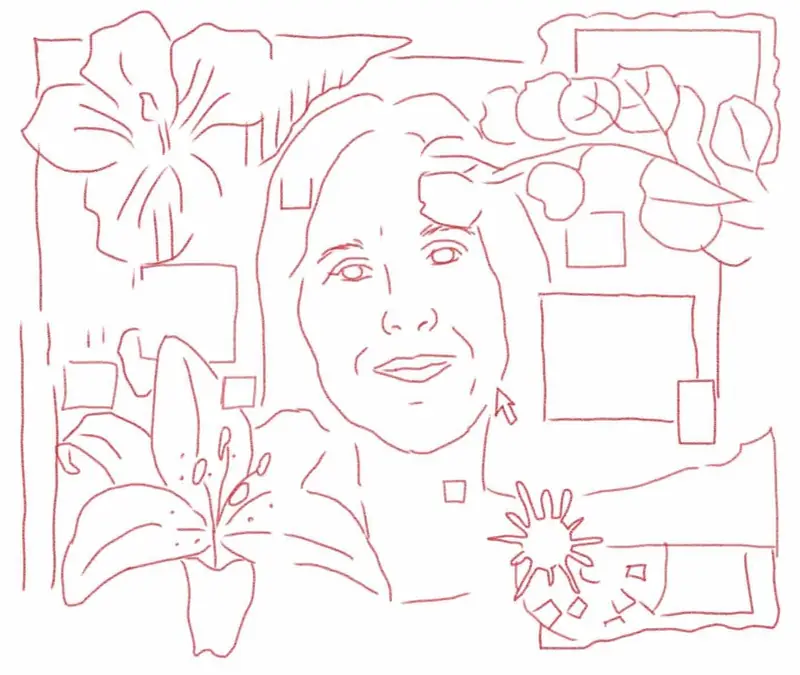 Red line drawing of the collage portrait: a woman’s face, a lily and flowers.