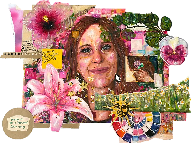 Mixed media collage portrait of a smiling woman among hibiscus, lilies, pansies and paper scraps, with a colour wheel, presented as a cut-out.