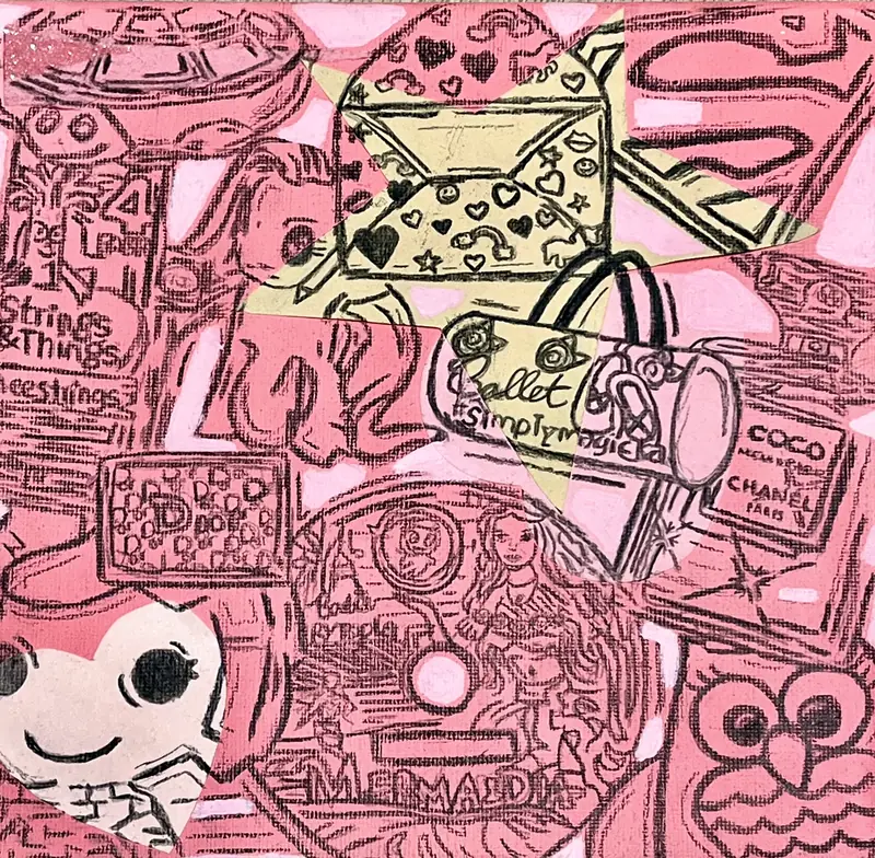 Pink canvas covered in black line drawings of toys, packaging and brands.
