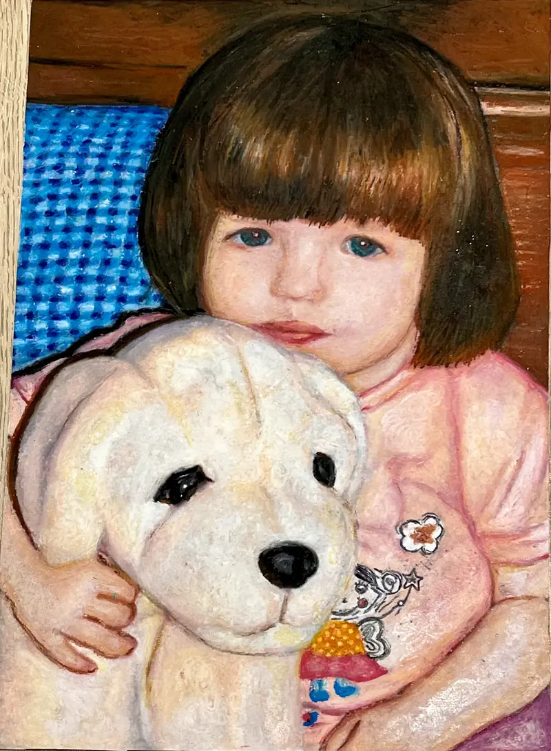 Oil pastel painting of a toddler hugging a white toy dog.