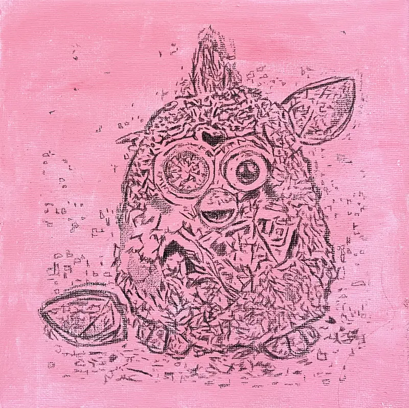 Furby toy drawn in black line on a pink canvas.