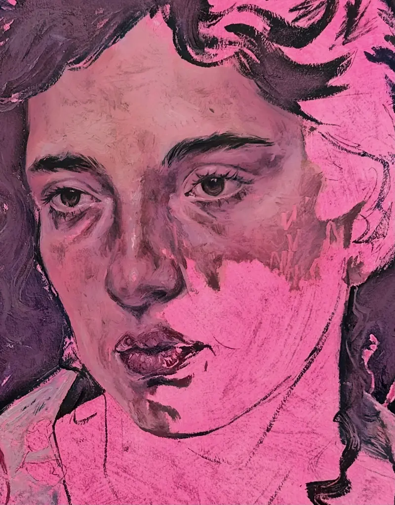 Expressive portrait of a young woman in pinks and violets.