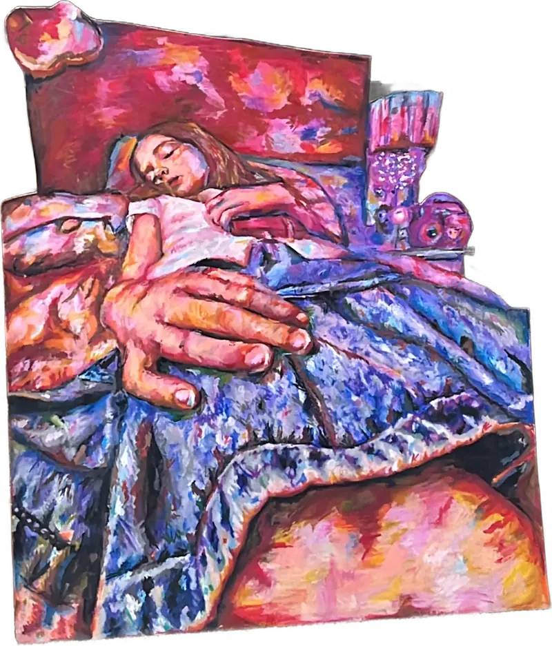 Painting of a sleeping girl on a shaped board, a large hand resting on a blue and lilac blanket.