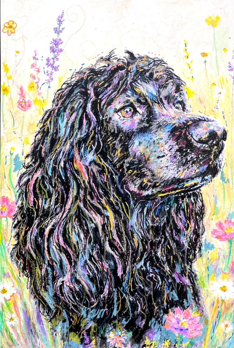 Pet portrait of a black spaniel among wildflowers.