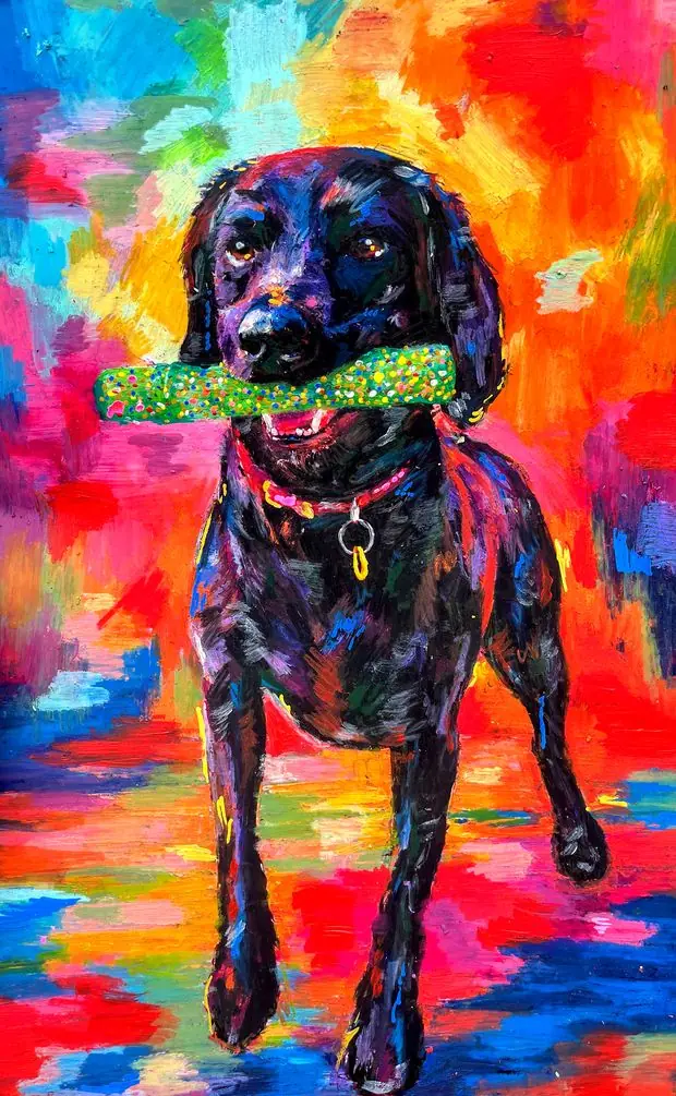 Pet portrait of a black dog with a green toy against bright rainbow colours.