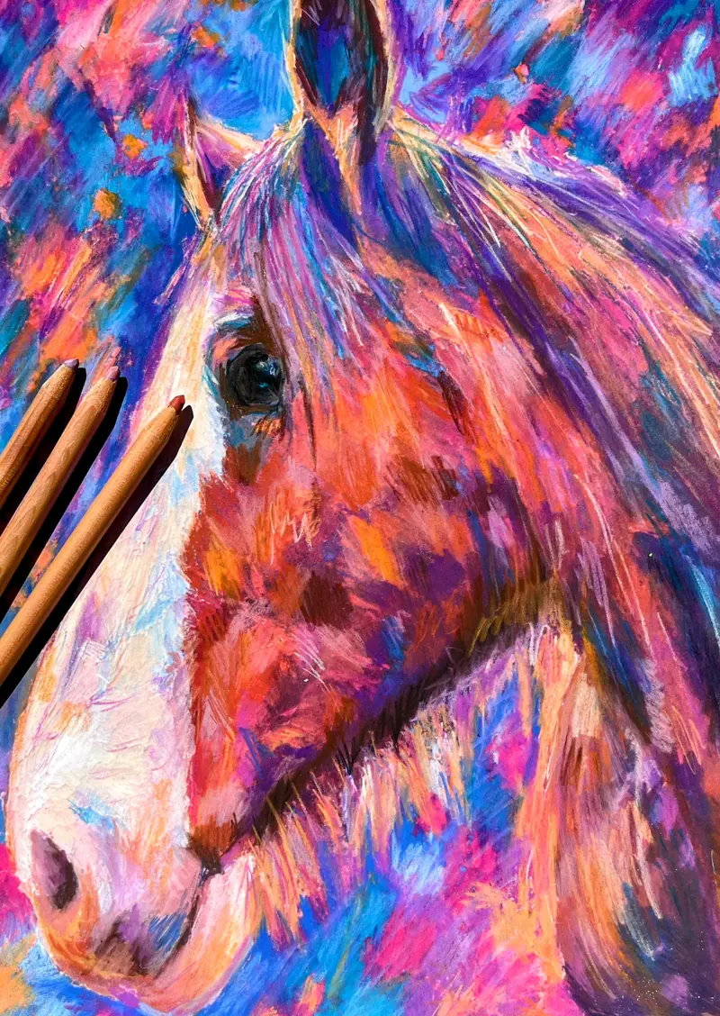 Pet portrait of a horse in profile in pinks, purples and blues.