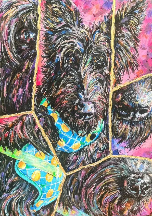 Pet portrait of a dark terrier broken into patchwork panels with gold seams.
