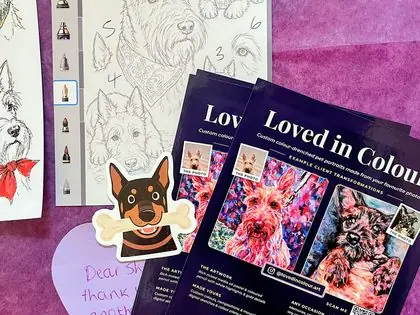 A finished portrait packed with a flyer, stickers and a handwritten note.