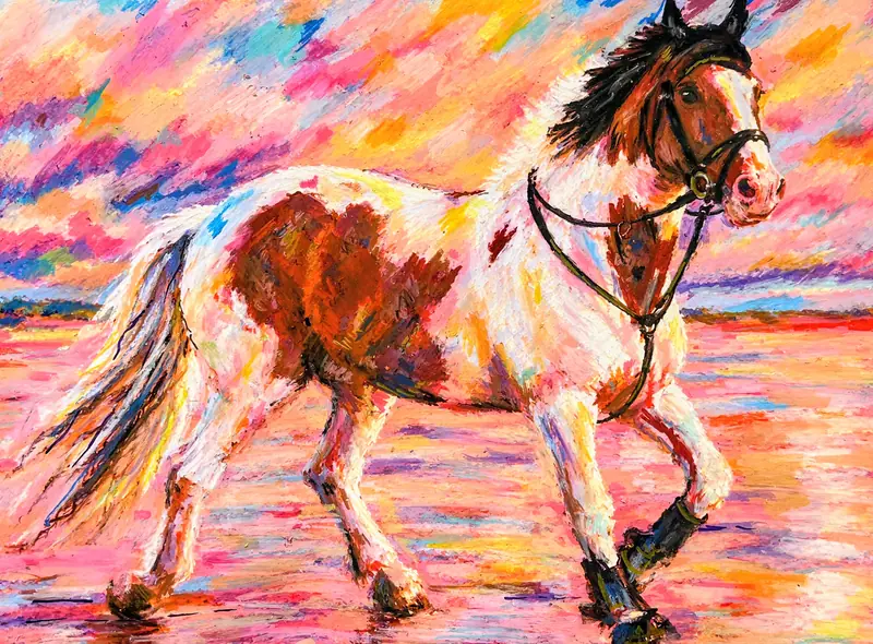 Memorial portrait of a skewbald horse walking across wet sand under a pink and orange sky.