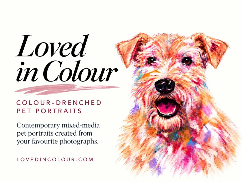 Loved in Colour brand card: serif wordmark, the line colour-drenched pet portraits, and a terrier portrait.