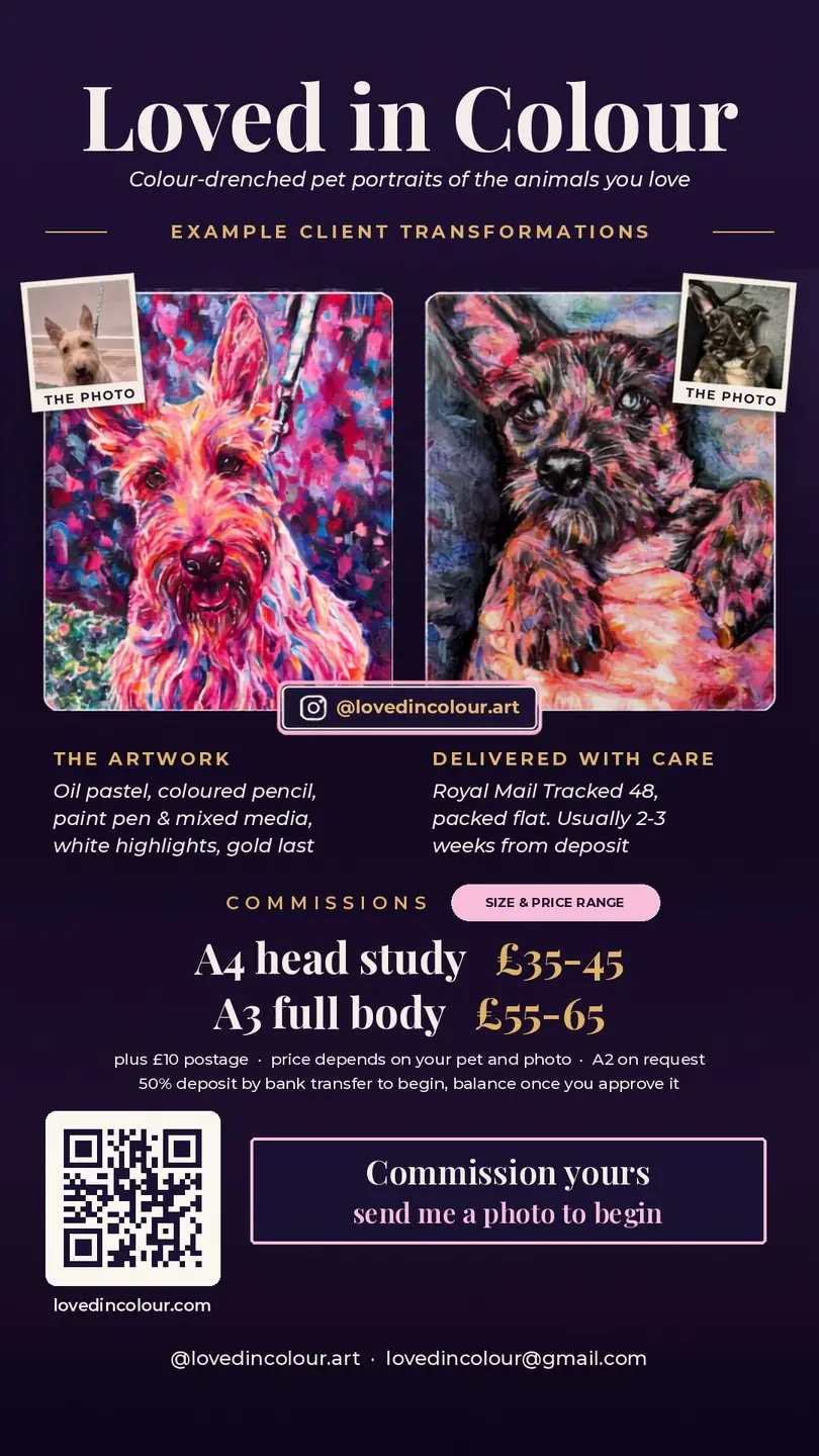Commission flyer in midnight and gold with client transformations, prices and a QR code.