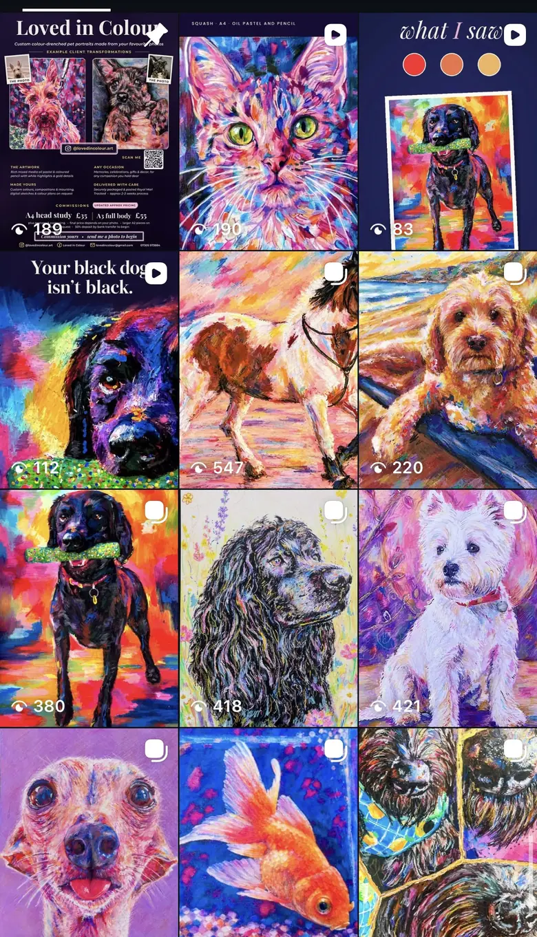 The Loved in Colour Instagram grid of portraits and story covers.
