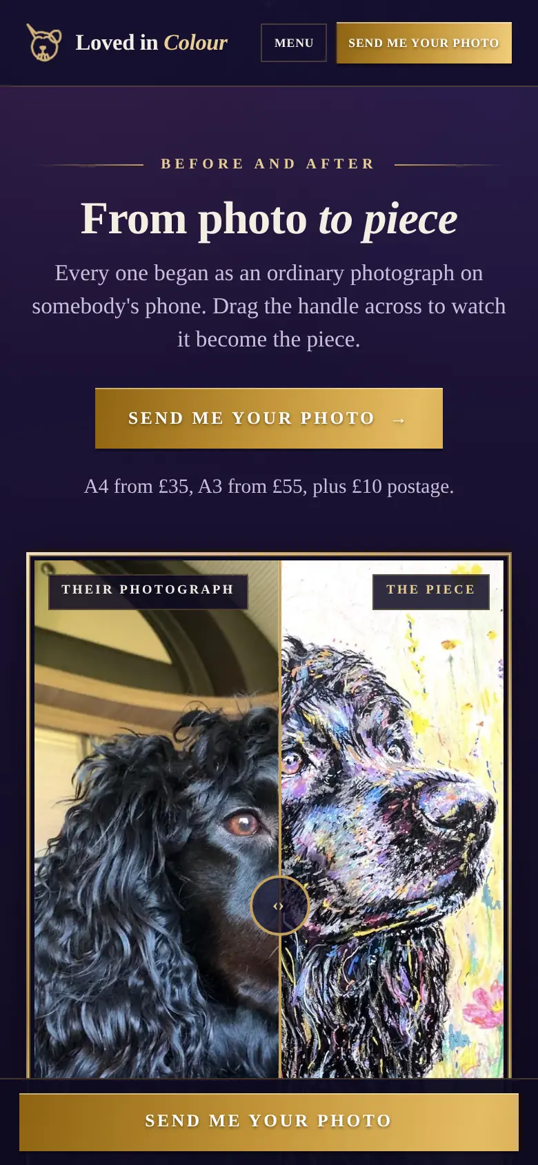 The Loved in Colour website on a phone: a before and after slider of a spaniel.