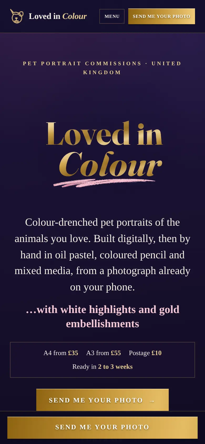 The Loved in Colour website on a phone: the gold wordmark on midnight purple.